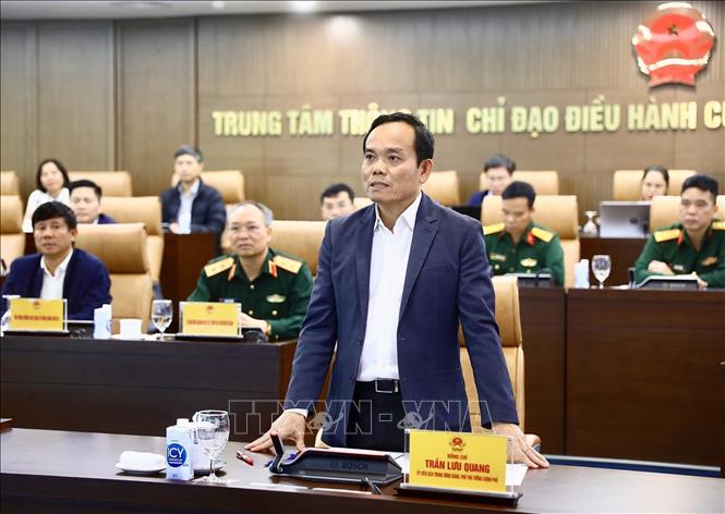 Phó Thủ tướng Trần Lưu Quang chủ trì buổi họp trực tuyến. Ảnh: Lâm Khánh/TTXVN