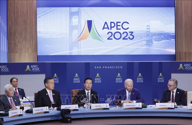 Chủ tịch nước Võ Văn Thưởng và các Nhà lãnh đạo APEC tại buổi làm việc. Ảnh: Thống Nhất/TTXVN