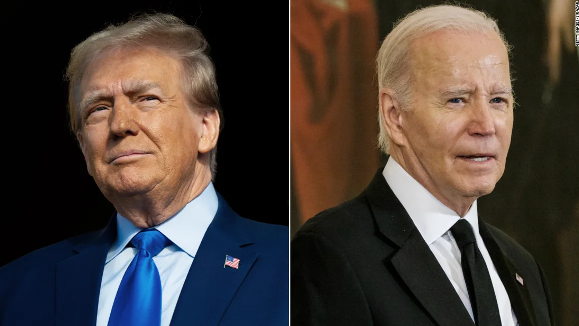 Lần đầu tiên ông Donald Trump (bên trái) dẫn trước Tổng thống Joe Biden trong cuộc bầu cử giả định tổng thống Mỹ 2024. Ảnh: CNN