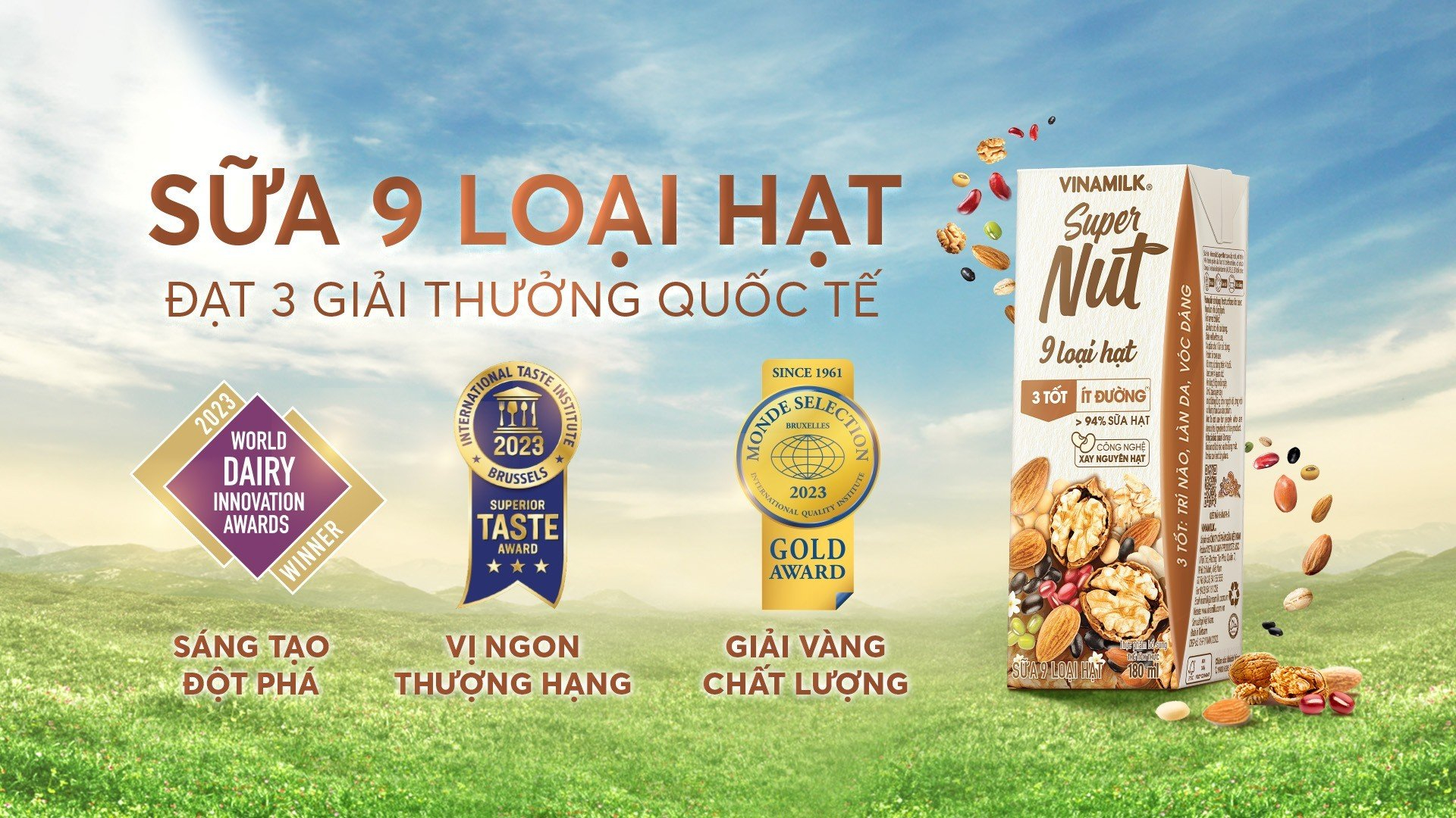 Sữa 9 loại hạt Vinamilk Super Nut dành 3 giải thưởng quốc tế. (Ảnh: Vinamilk)