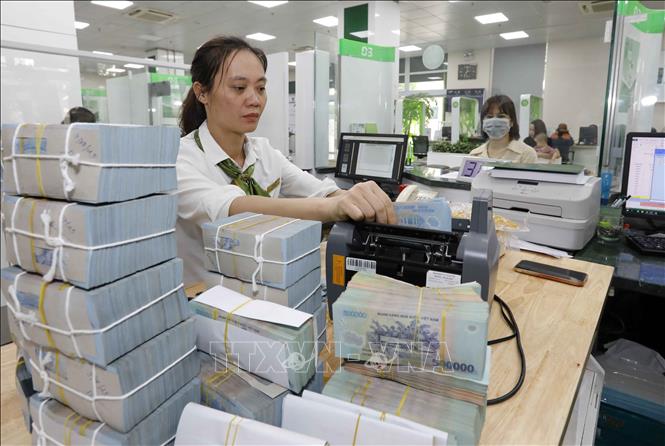 Khách hàng giao dịch tại Vietcombank chi nhánh Vĩnh Phúc. Ảnh: Trần Việt/TTXVN