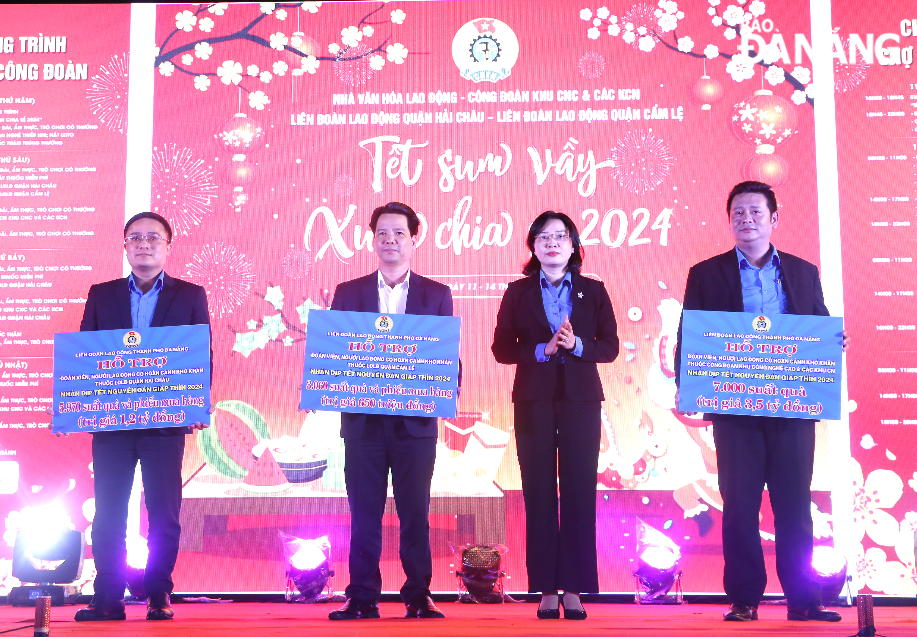 President of the Da Nang Confederation of Labour Phan Thi Thuy Linh (2nd, right) presenting financial support to its chapters of Hai Chau and Cam Le districts,  and the Trade Union organisation of Hi-Tech Park and Da Nang Industrial Parks. Photo: X.H