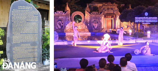 Bia Di tích Cổng chùa Bà Mụ (ảnh trái) và chương trình biểu diễn Nghệ thuật Múa diễn ra hôm 4-9-2023 phía trước di tích này. Ảnh: V.T.L