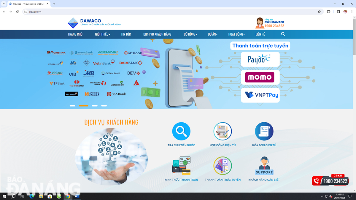 Phiên bản website mới của Dawaco có giao diện hiện đại, thân thiện với người dùng. Ảnh: PHƯƠNG UYÊN