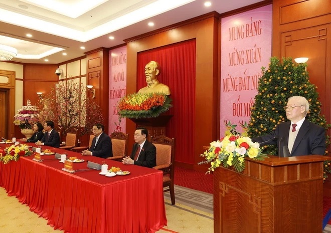 Tổng Bí thư Nguyễn Phú Trọng chúc Tết Nguyên đán Giáp Thìn 2024. (Ảnh: TTXVN)