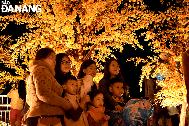 The apricot blossom road at the campus southwest of the Dragon Bridge on Bach Dang Street attracts a large number of people to take photos.