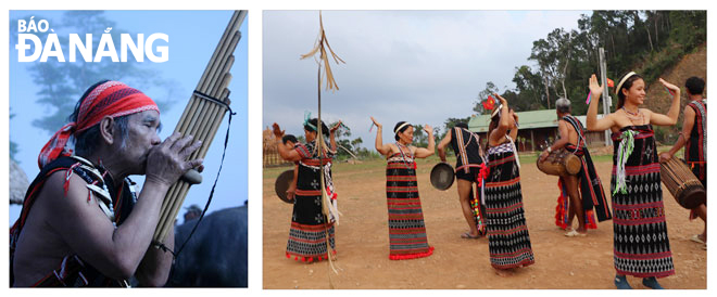 Biểu diễn nhạc cụ (ảnh trái), cồng chiêng và múa truyền thống dân tộc Cơ tu. Ảnh: V.P.Q 