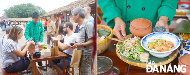 Quang noodle artisan Le Minh Canh tells the story of Phu Chiem noodles to tourists. Photo: B.V