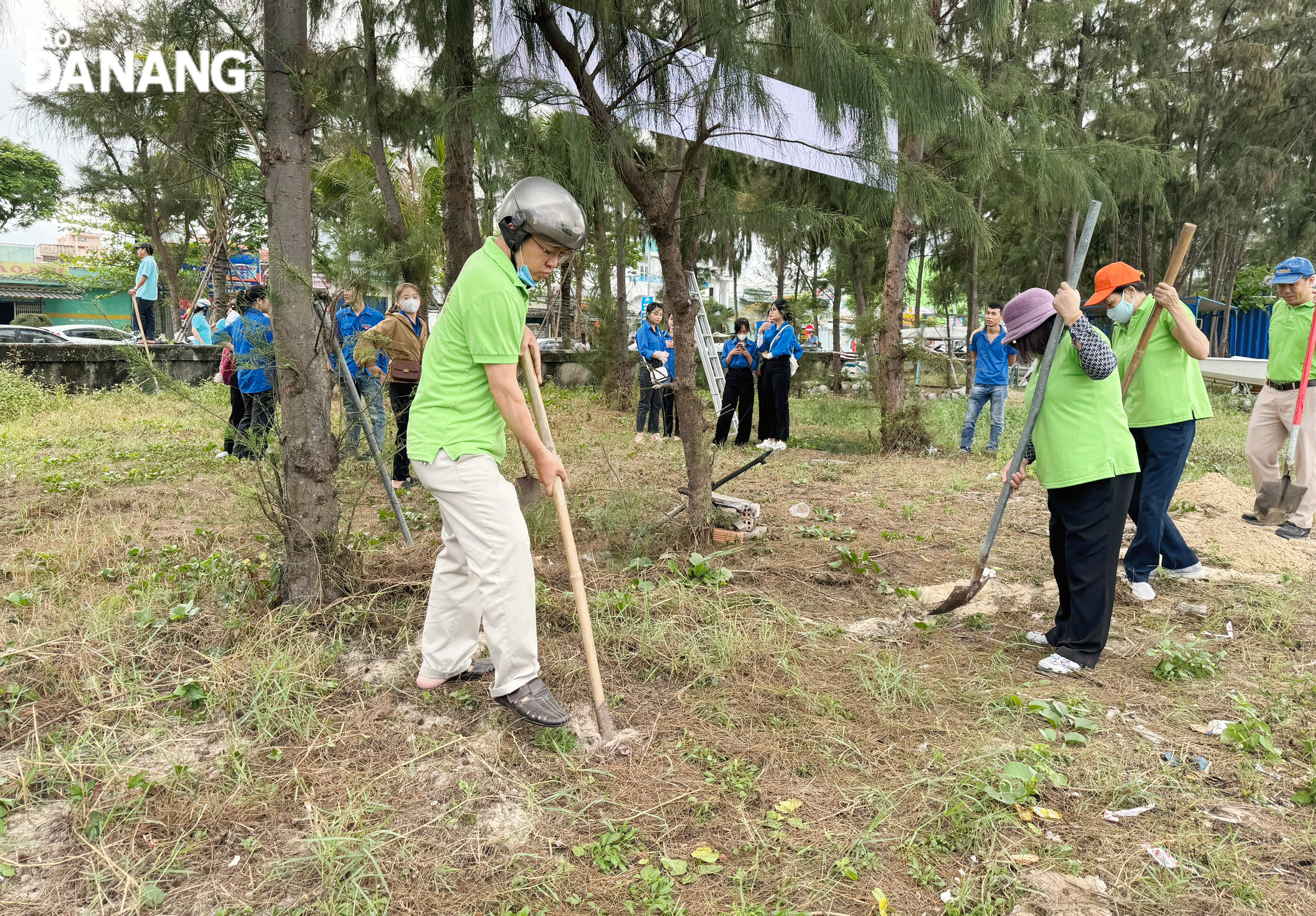 Xuan Ha Ward Front Organization and its member organizations worked with the Ward authority to plant trees along Nguyen Tat Thanh Street in response to the Tree Planting Festival 2024. Photo: T.K