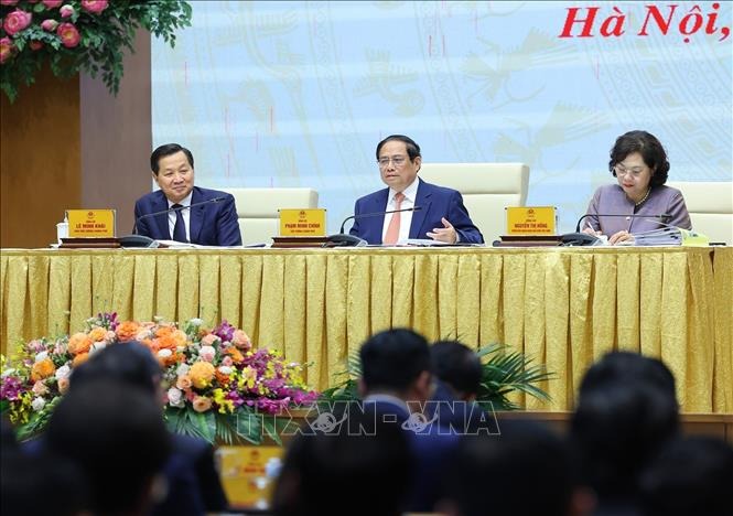 Thủ tướng Phạm Minh Chính chủ trì Hội nghị triển khai nhiệm vụ điều hành chính sách tiền tệ năm 2024. Ẩnh: Dương Giang/TTXVN