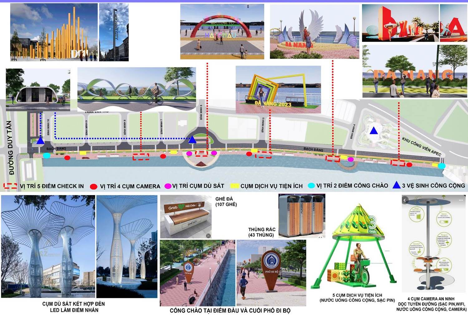 Phối cảnh bố trí các điểm check-in, khu vực cộng đồng.