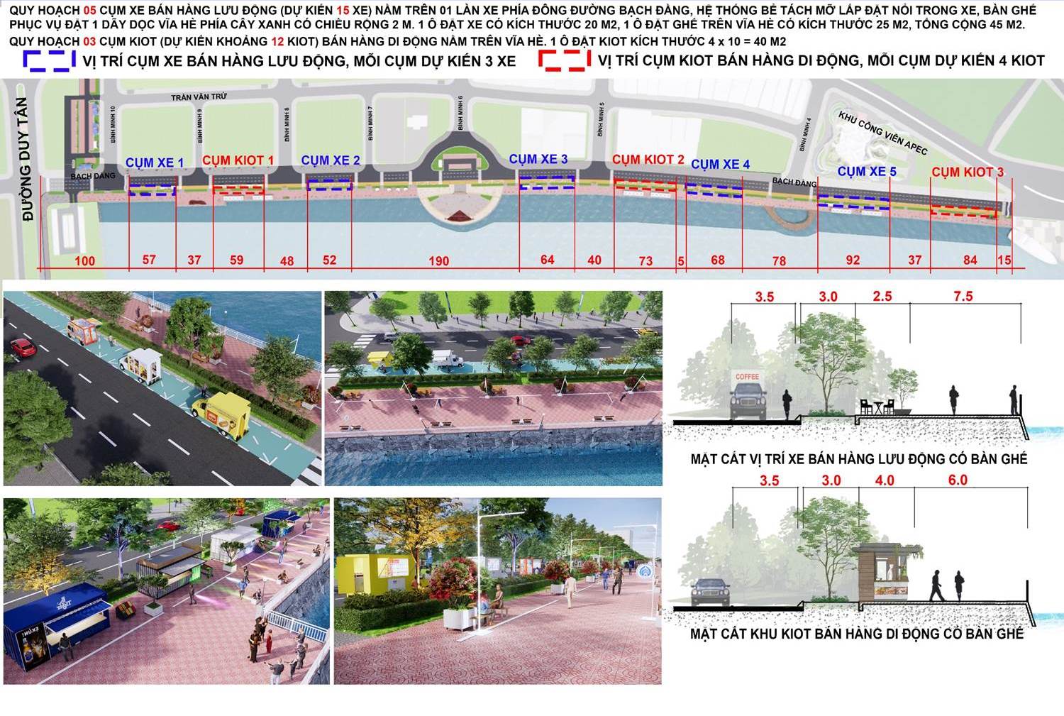 Perspective of the layout of clusters of mobile sales vehicles and kiosks.