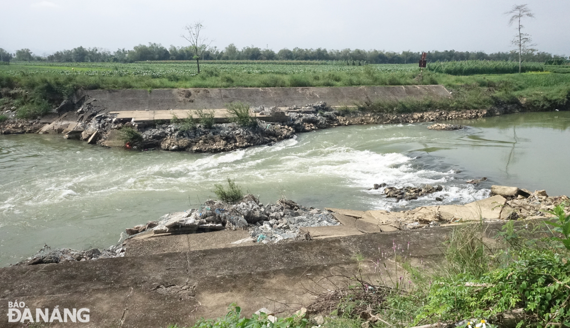 Từ ngày 29-2-2024, UBND thành phố Đà Nẵng đã đề nghị UBND tỉnh Quảng Nam thống nhất chủ trương tiếp tục triển khai đắp đập tạm trên sông Quảng Huế. Ảnh: HOÀNG HIỆP