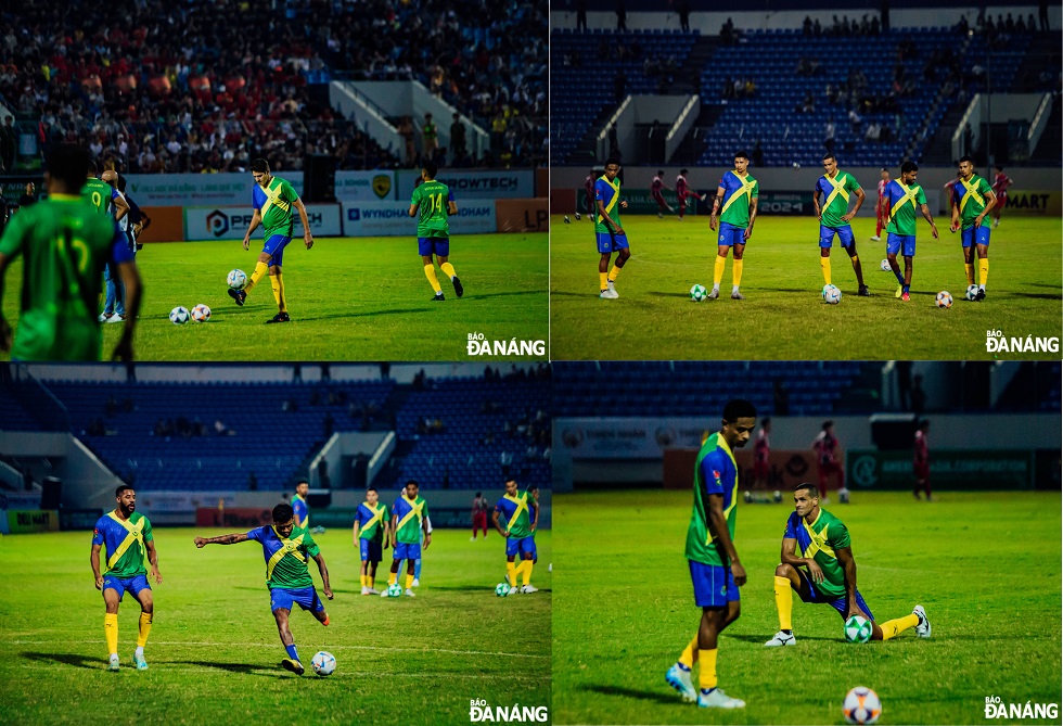 Brazilian football legends warm up before the match.