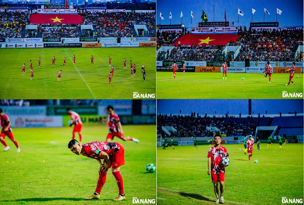 Vietnamese players warm up before the match.