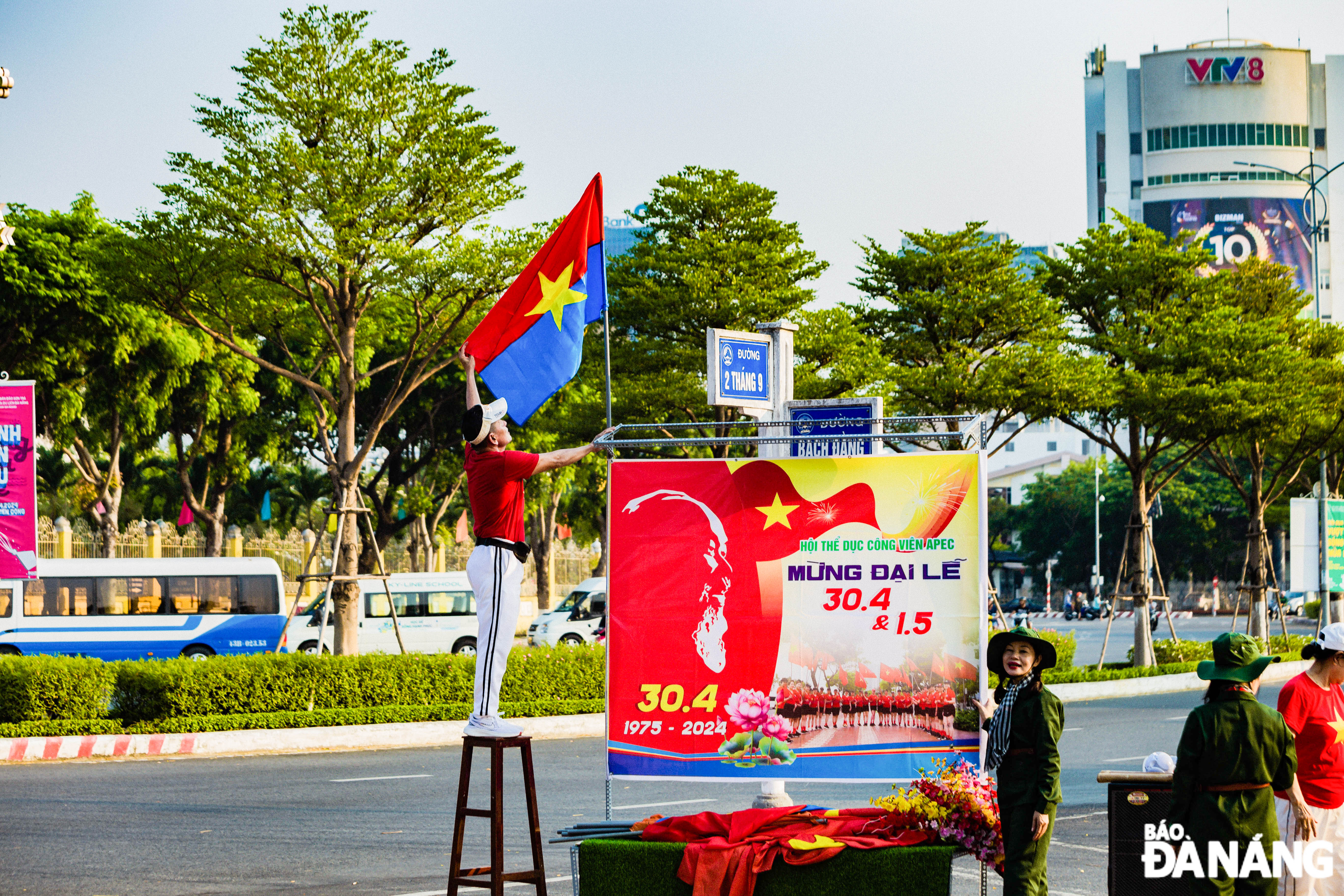 Many streets are decorated with banners, liberation flags, national flags, etc.