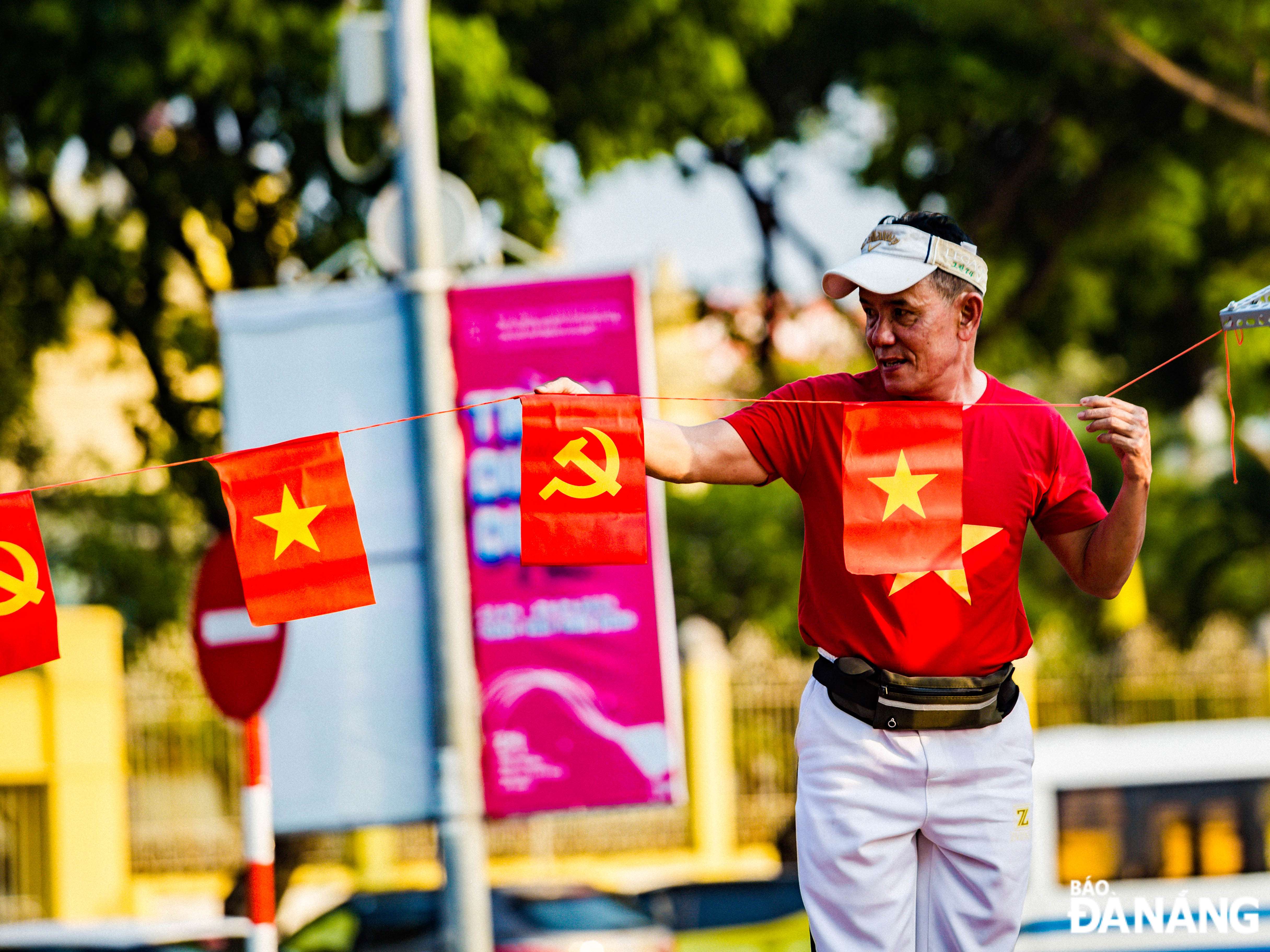 People decorate flags and flowers to celebrate the nation's major holiday