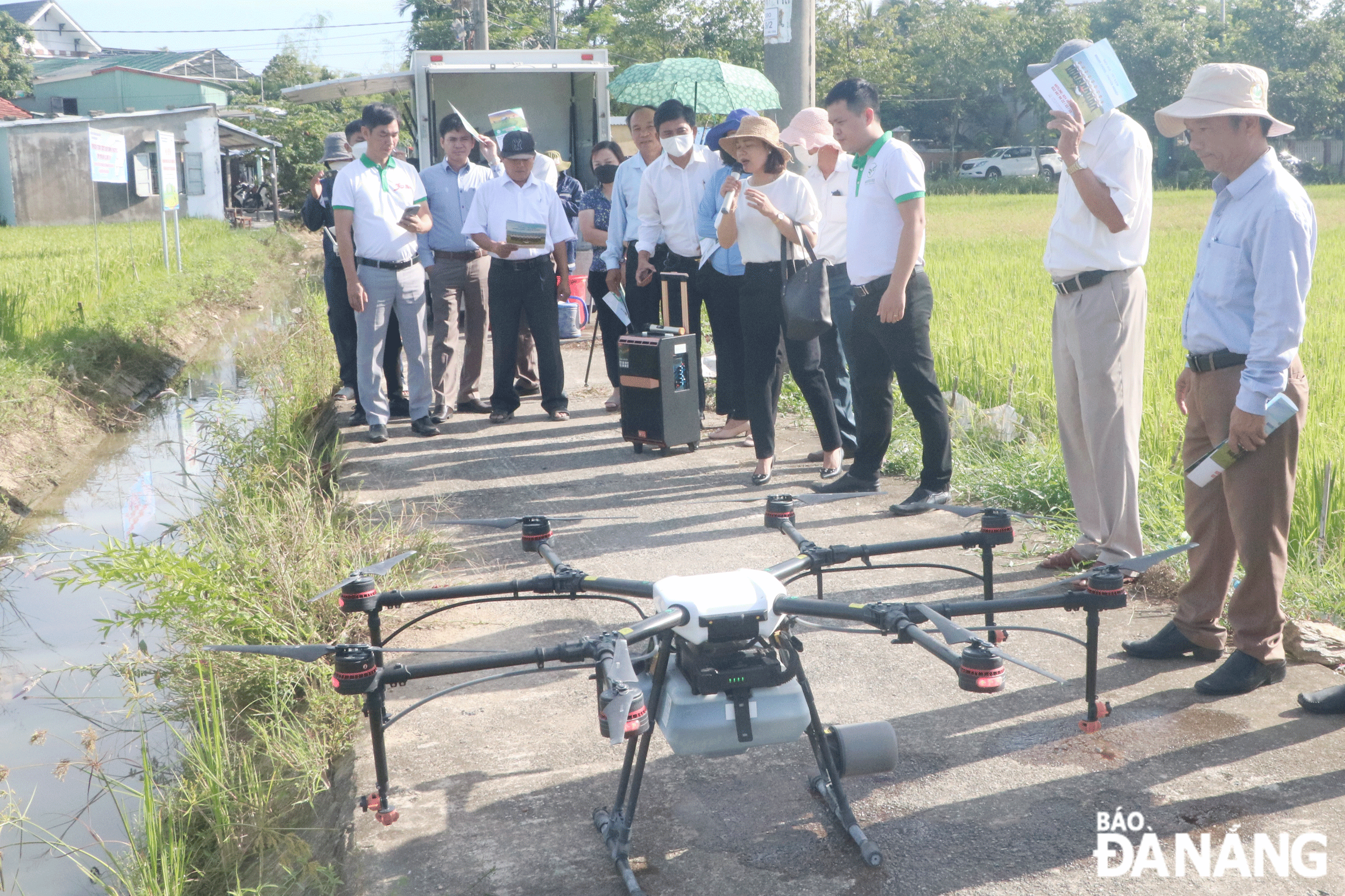 Activities demonstrating the use of drones to spray organic foliar fertilizer in the paddy fields of Tay An Hamlet, Hoa Chau Commune, Hoa Vang District, Da Nang. Photo: VAN HOANG