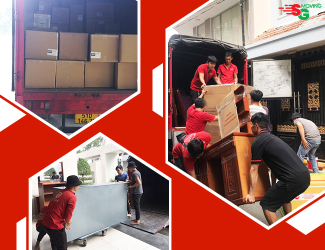 Các nhân viên SG Moving đang khiêng vác đồ nặng ra xe.