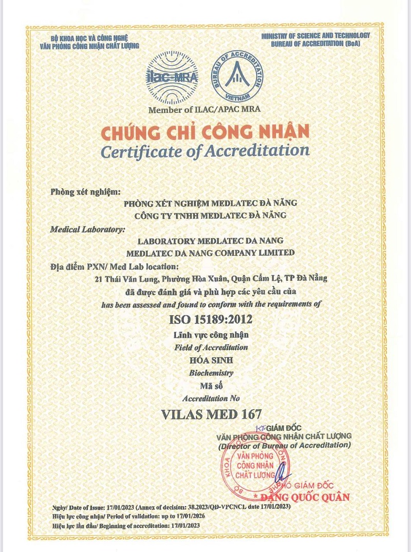 Cận cảnh chứng chỉ Xét nghiệm ISO 15189:2012 của MEDLATEC Đà Nẵng.