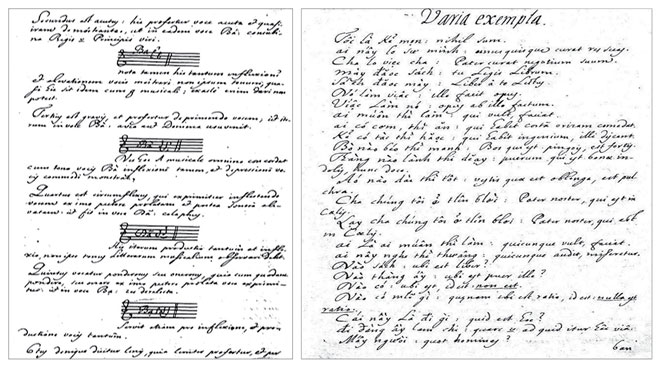 Pina đánh dấu thanh tiếng Việt bằng khuôn nhạc (ảnh trái ) và một bản di cảo của giáo sĩ Pina. Ảnh: ST