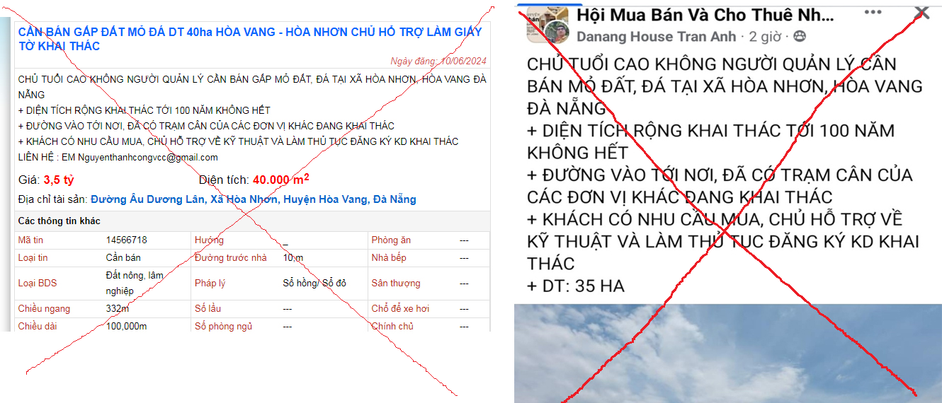 Một số mẩu thông tin rao bán mỏ đất, đá trên các trang mạng xã hội, website.