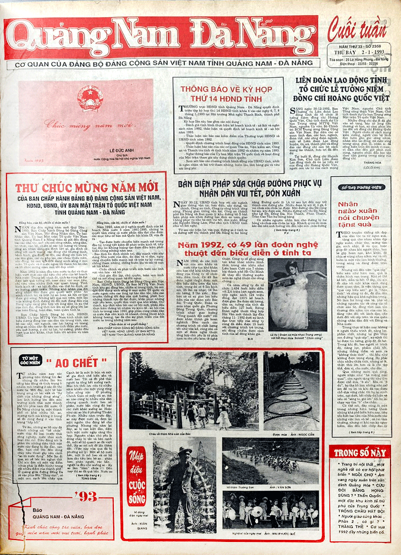 Báo Quảng Nam - Đà Nẵng cuối tuần phát hành ngày 2-1-1993. Ảnh: M.T