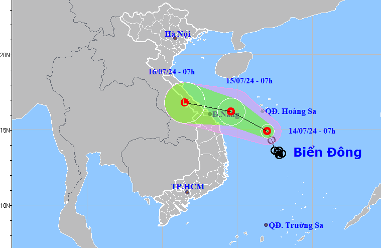 Bản đồ dự báo quỹ đạo áp thấp nhiệt đới sáng 14-7-2024 (Nguồn: Trung tâm dự báo khí tượng thủy văn quốc gia).