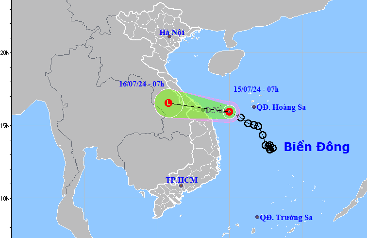 Bản đồ dự báo quỹ đạo áp thấp nhiệt đới sáng 15-7-2024 (Nguồn: Trung tâm dự báo khí tượng thủy văn quốc gia).