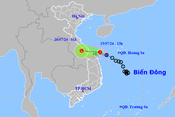 Bản đồ dự báo quỹ đạo áp thấp nhiệt đới chiều 15-7-2024 (Nguồn: Trung tâm dự báo khí tượng thủy văn quốc gia).