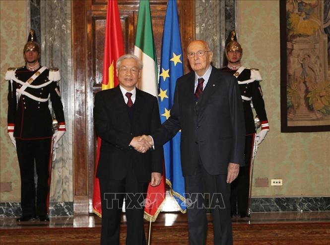 Tổng thống Giorgio Napolitano đón Tổng Bí thư Nguyễn Phú Trọng thăm cấp Nhà nước Cộng hòa Italy (Rome, 21-1-2013). Ảnh: Trí Dũng/TTXVN