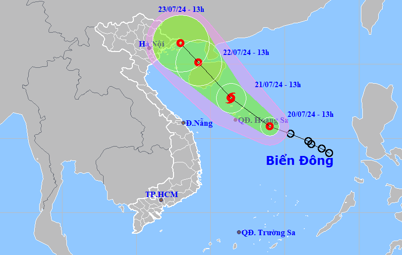 Bản đồ dự báo quỹ đạo áp thấp nhiệt đới chiều 20-7-2024 (Nguồn: Trung tâm dự báo khí tượng thủy văn quốc gia).