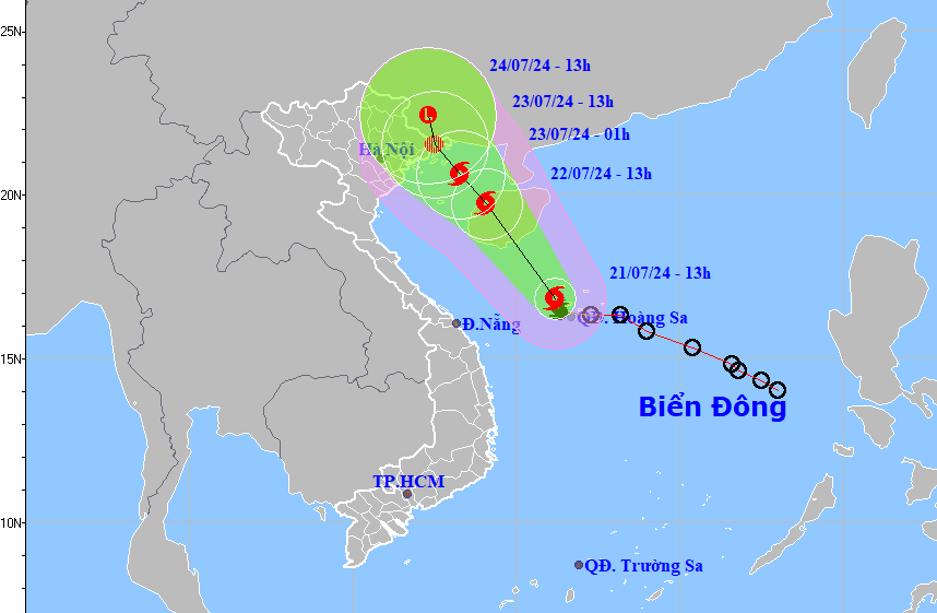 Bản đồ dự báo quỹ đạo bão số 2 chiều 21-7-2024 (Nguồn: Trung tâm dự báo khí tượng thủy văn quốc gia).