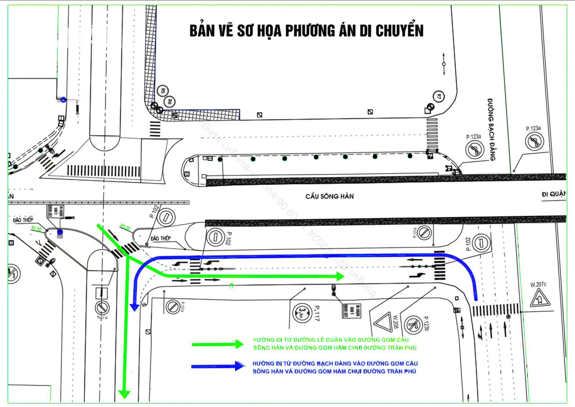 Sơ đồ tổ chứ giao thông 2 chiều ở đường gom phía nam cầu Sông Hàn. Ảnh: THÀNH LÂN