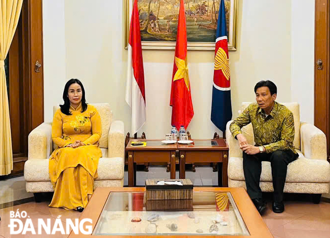 Vice Chairwoman of the Da Nang People's Committee Nguyen Thi Anh Thi (left) and Ambassador Ta Van Thong at the meeting on Wednesday.