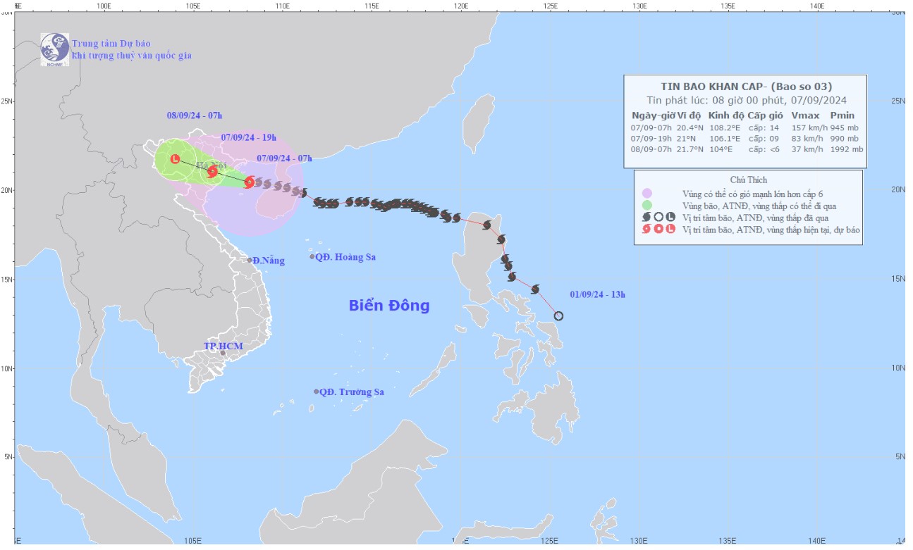 Bão số 3 cách Quảng Ninh, Thái Bình khoảng 150km về phía Đông Đông Nam