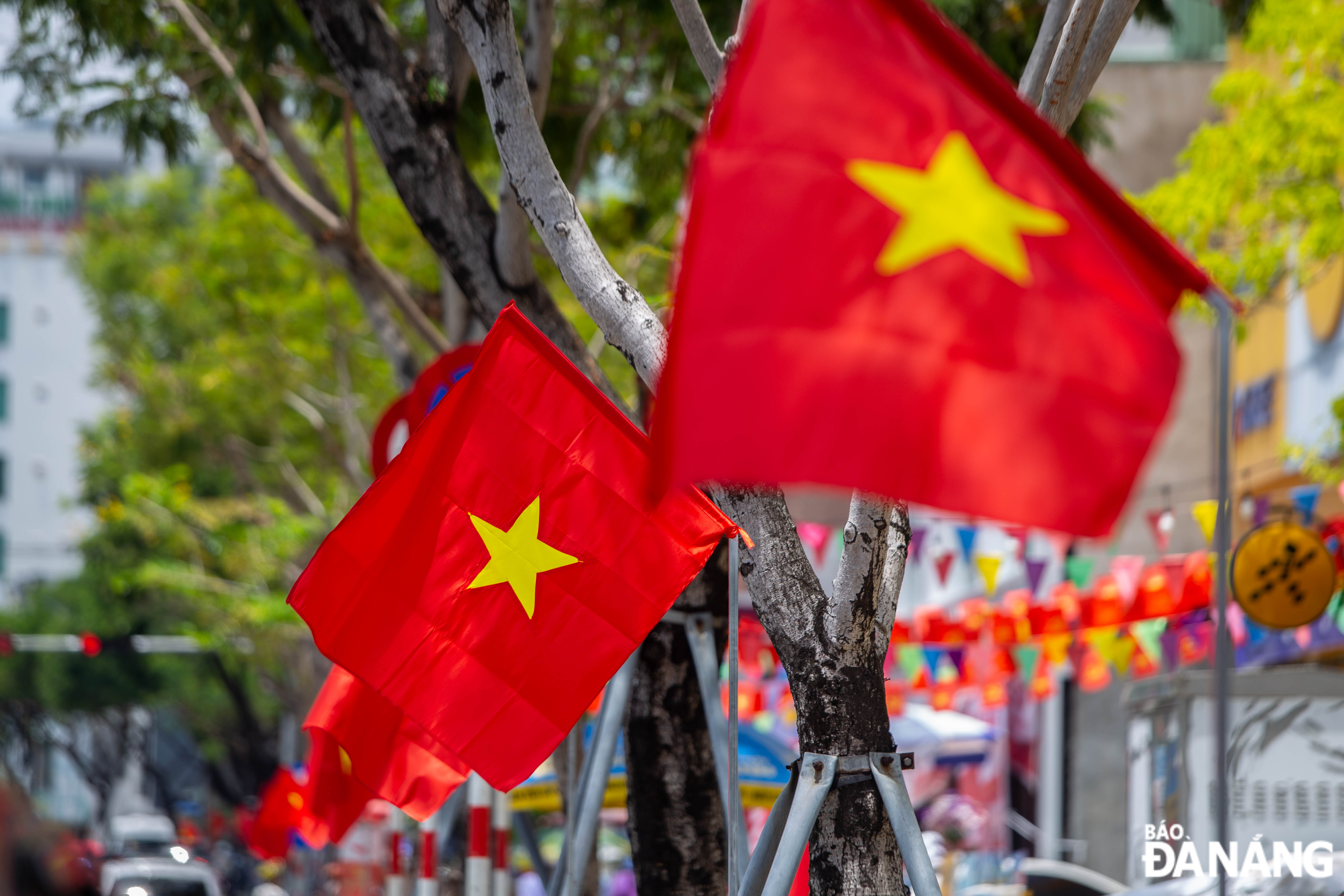 The Vietnamese national flags can be seen throughout the city