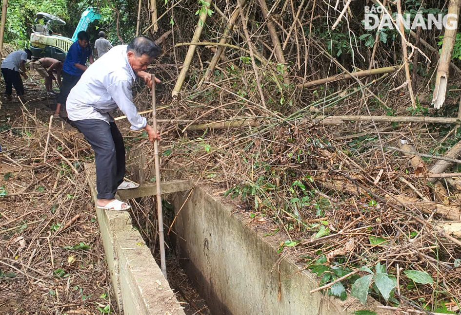 Người dân phát quang bụi rậm, nạo vét một tuyến kênh thoát nước.