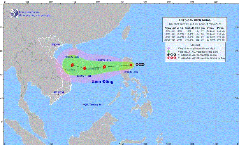 Vị trí và đường đi của áp thấp nhiệt đới. (Nguồn: Trung tâm Dự báo Khí tượng Thủy văn Quốc gia)