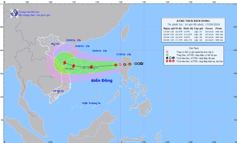 Dự báo vị trí và đường đi của áp thấp nhiệt đới. Ảnh: Trung tâm dự báo khí tượng thủy văn quốc gia