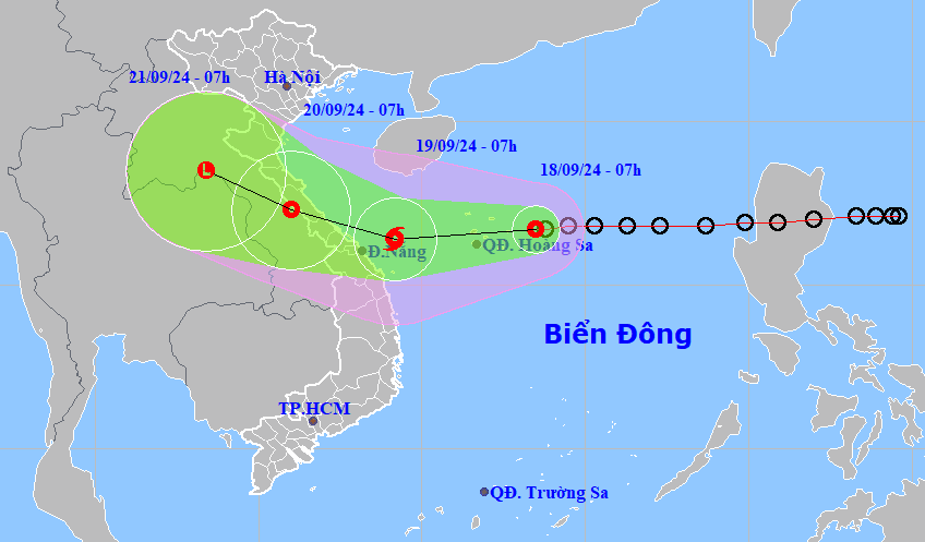 Bản đồ dự báo quỹ đạo áp thấp nhiệt đới sáng 18-9-2024 (Nguồn: Trung tâm dự báo khí tượng thủy văn quốc gia).