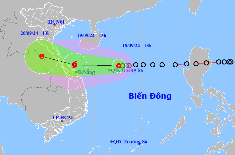 Bản đồ dự báo quỹ đạo áp thấp nhiệt đới chiều 18-9-2024 (Nguồn: Trung tâm dự báo khí tượng thủy văn quốc gia).