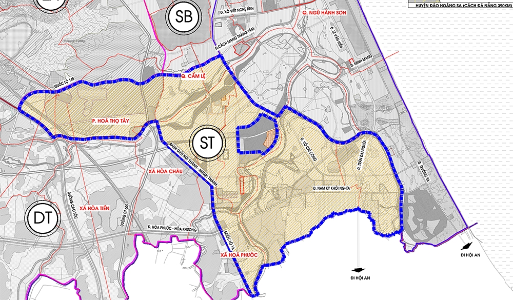 The Innovation Subdivision is located within the administrative boundaries of Hoa Quy and Hoa Hai wards (Ngu Hanh Son District); Hoa Xuan, Khue Trung, Hoa Tho Tay and Hoa Tho Dong wards (Cam Le District); and Hoa Chau, Hoa Phuoc and Hoa Nhon communes (Hoa Vang District) with a total area of ​​about 3,770.3 ha.