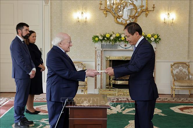 Đại sứ Đỗ Minh Hùng trình Thư Ủy nhiệm lên Tổng thống Ireland Micheal D. Higgins. Ảnh: TTXVN phát