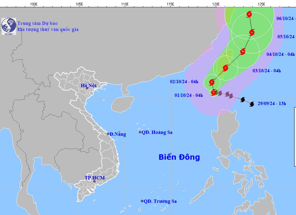 Bản đồ dự báo quỹ đạo bão số 5 vào sáng 1-10-2024 (Nguồn: Trung tâm dự báo khí tượng thủy văn quốc gia).