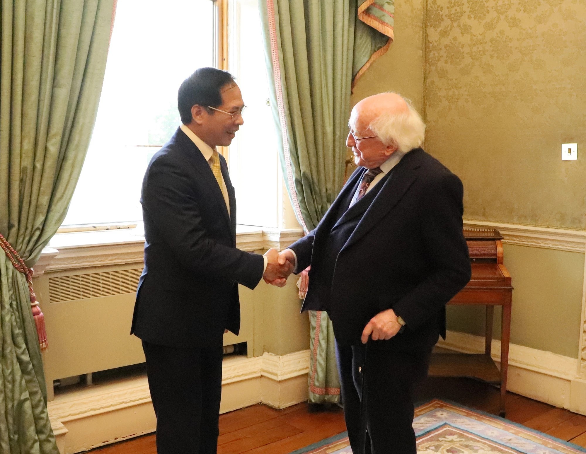 Tổng thống Michael D. Higgins chào mừng Bộ trưởng Ngoại giao Bùi Thanh Sơn thăm chính thức Ireland. (Ảnh: Phong Hà/TTXVN)