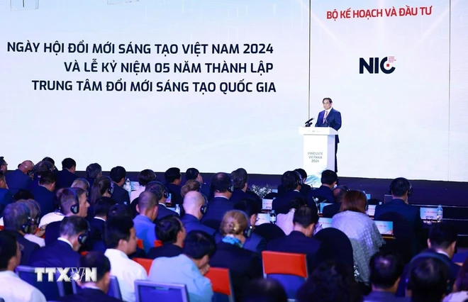 Thủ tướng Phạm Minh Chính phát biểu tại Ngày hội đổi mới sáng tạo Việt Nam năm 2024. (Ảnh: Dương Giang/TTXVN)