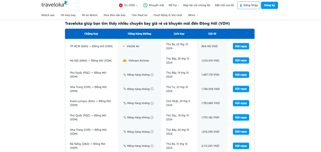 Nhiều lựa chọn chuyến bay đến Đồng Hới trên Traveloka.