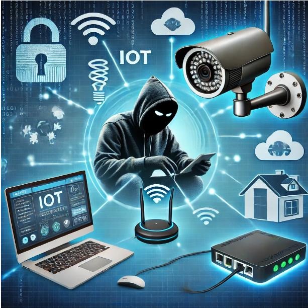 Hacker lợi dụng lỗ hổng để kiểm soát camera an ninh từ xa thông qua máy tính, với các thiết bị IoT như hệ thống an ninh gia đình. Ảnh minh họa