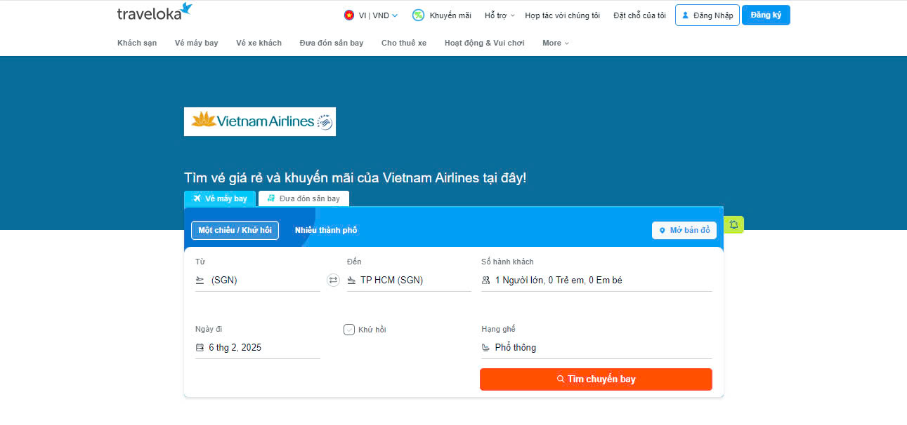 Bạn dễ dàng tìm kiếm các chuyến bay của Vietnam Airlines trên Traveloka.